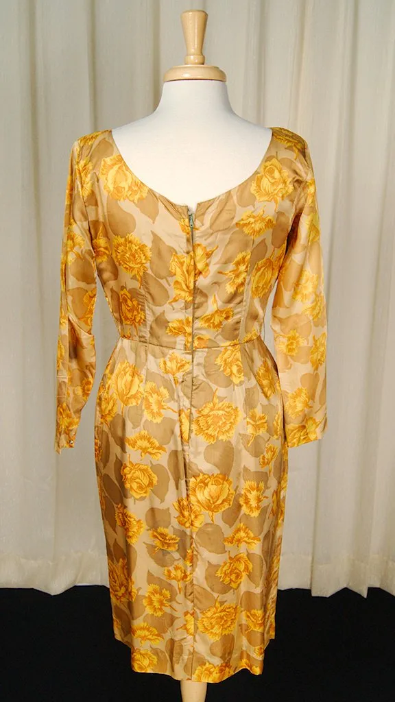 1950s Gold Rose Wiggle Dress