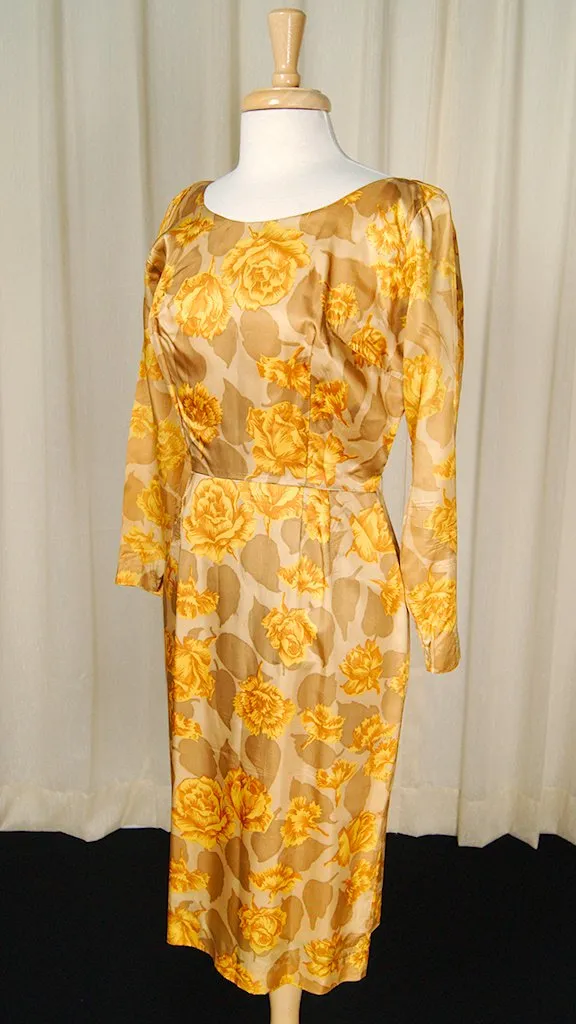 1950s Gold Rose Wiggle Dress