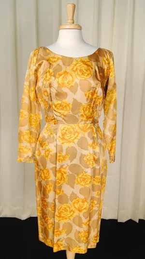 1950s Gold Rose Wiggle Dress