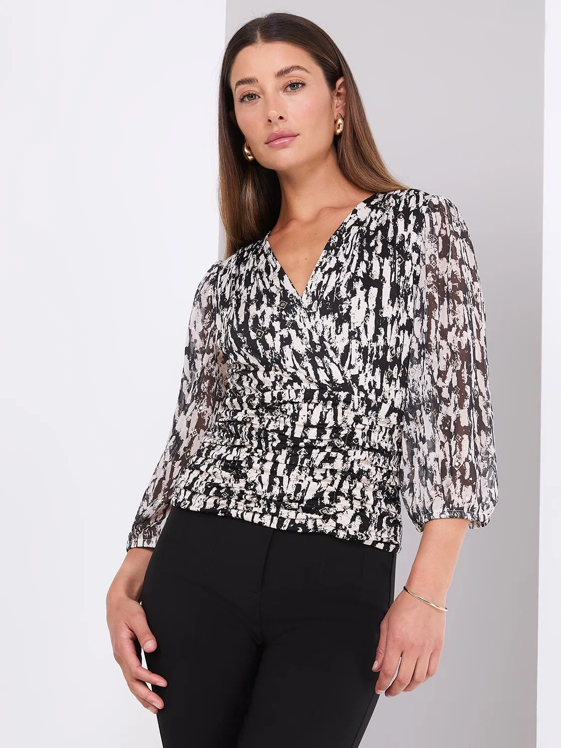 Abstract Print 3/4 Sleeve Crossover Top