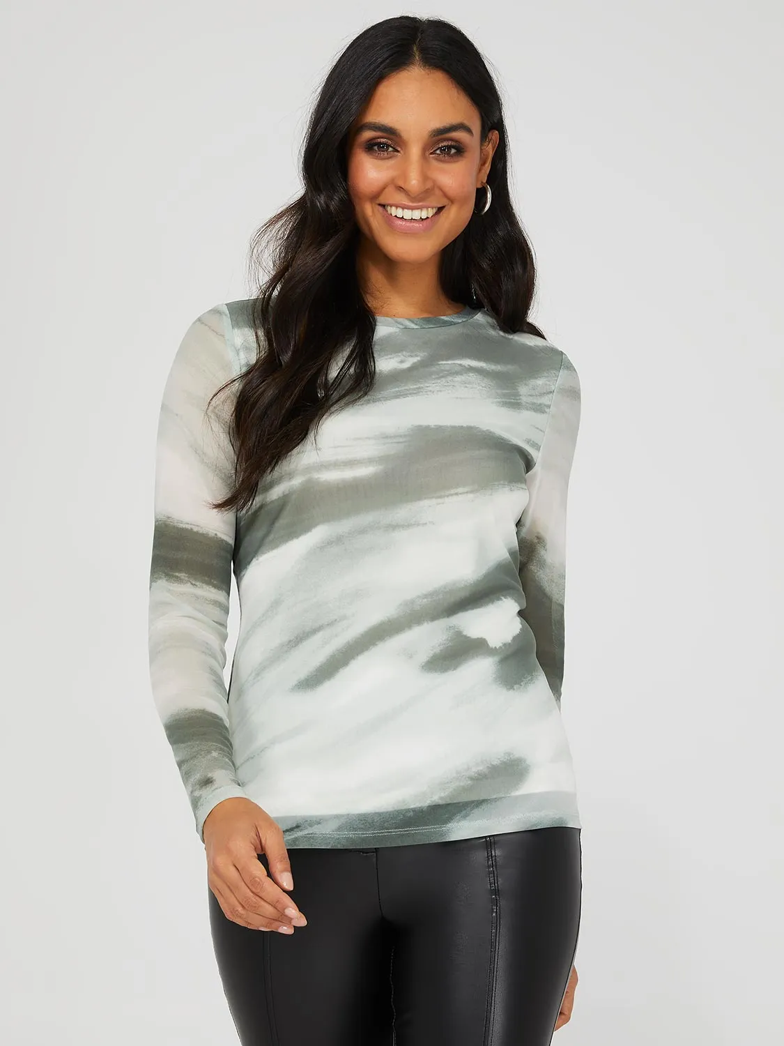 Abstract Watercolour Long Sleeve Mesh Top