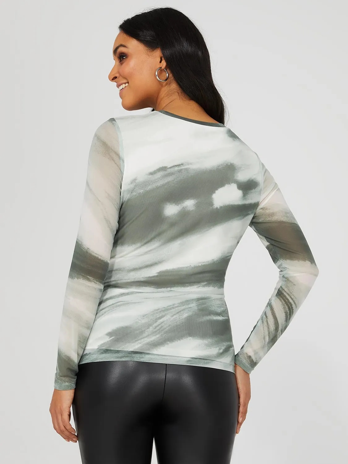 Abstract Watercolour Long Sleeve Mesh Top