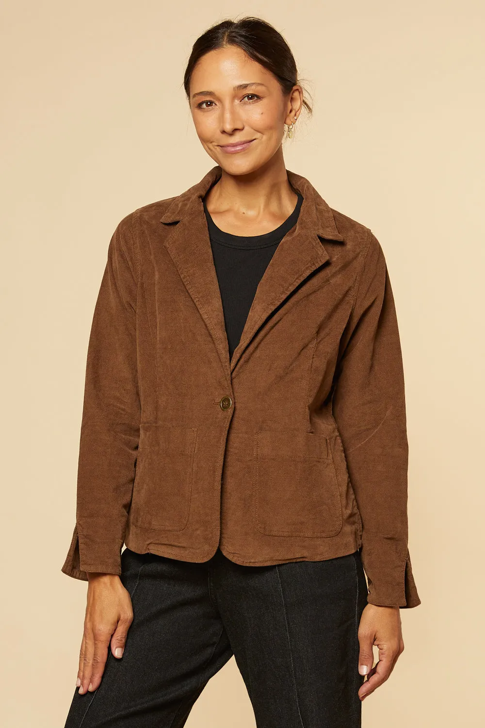 Adrift Relaxed Brushed Cotton Blazer in Chocolate