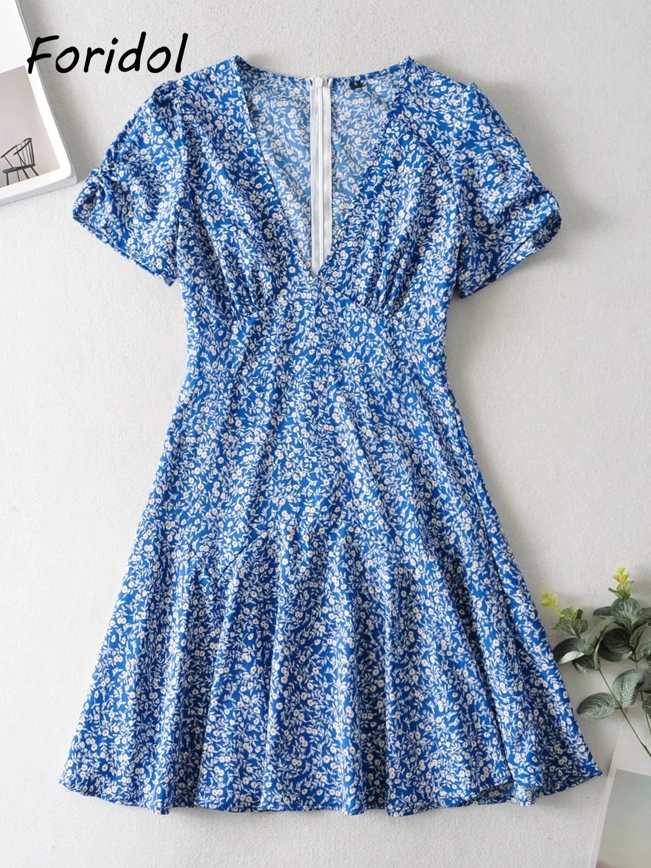 Ashore Shop Blue Floral Print Summer Beach Dress Women Casual Holiday Short Sleeve Dress Boho Sundress Vestidos Fashion Clothes