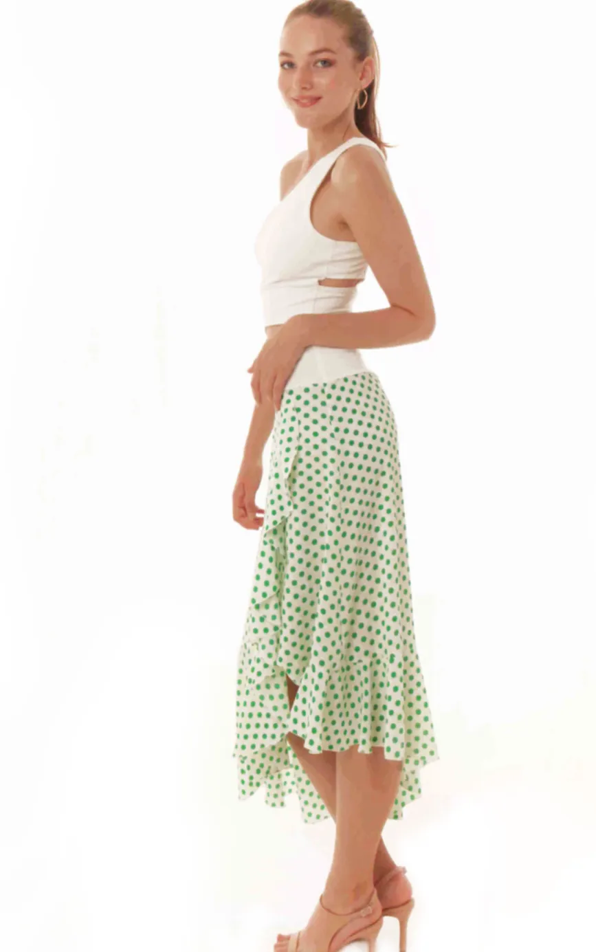 Asymmetric Ruffle Hem Polka Dot Wrap Skirt