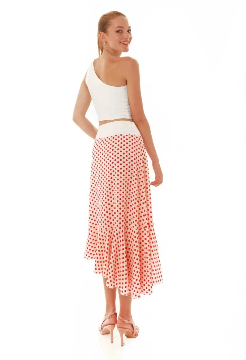 Asymmetric Ruffle Hem Polka Dot Wrap Skirt