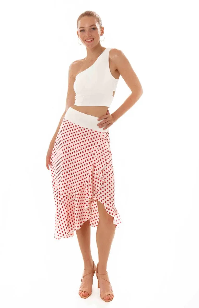 Asymmetric Ruffle Hem Polka Dot Wrap Skirt