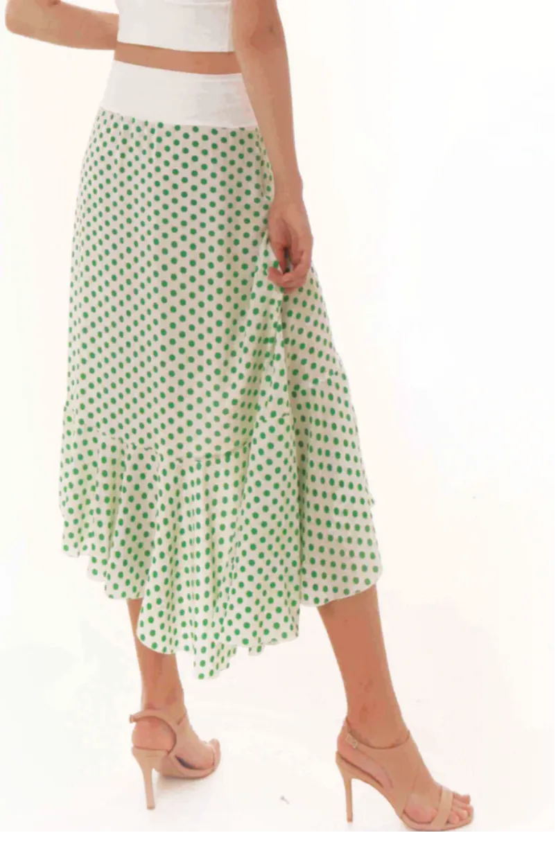 Asymmetric Ruffle Hem Polka Dot Wrap Skirt