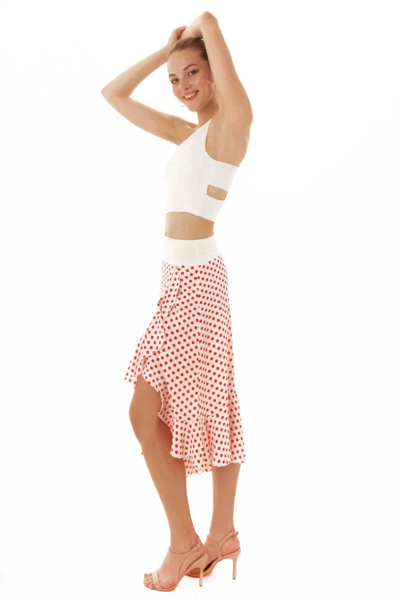 Asymmetric Ruffle Hem Polka Dot Wrap Skirt