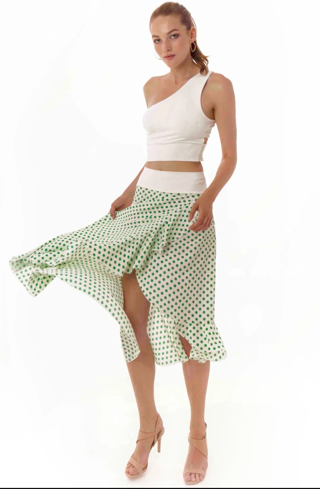 Asymmetric Ruffle Hem Polka Dot Wrap Skirt