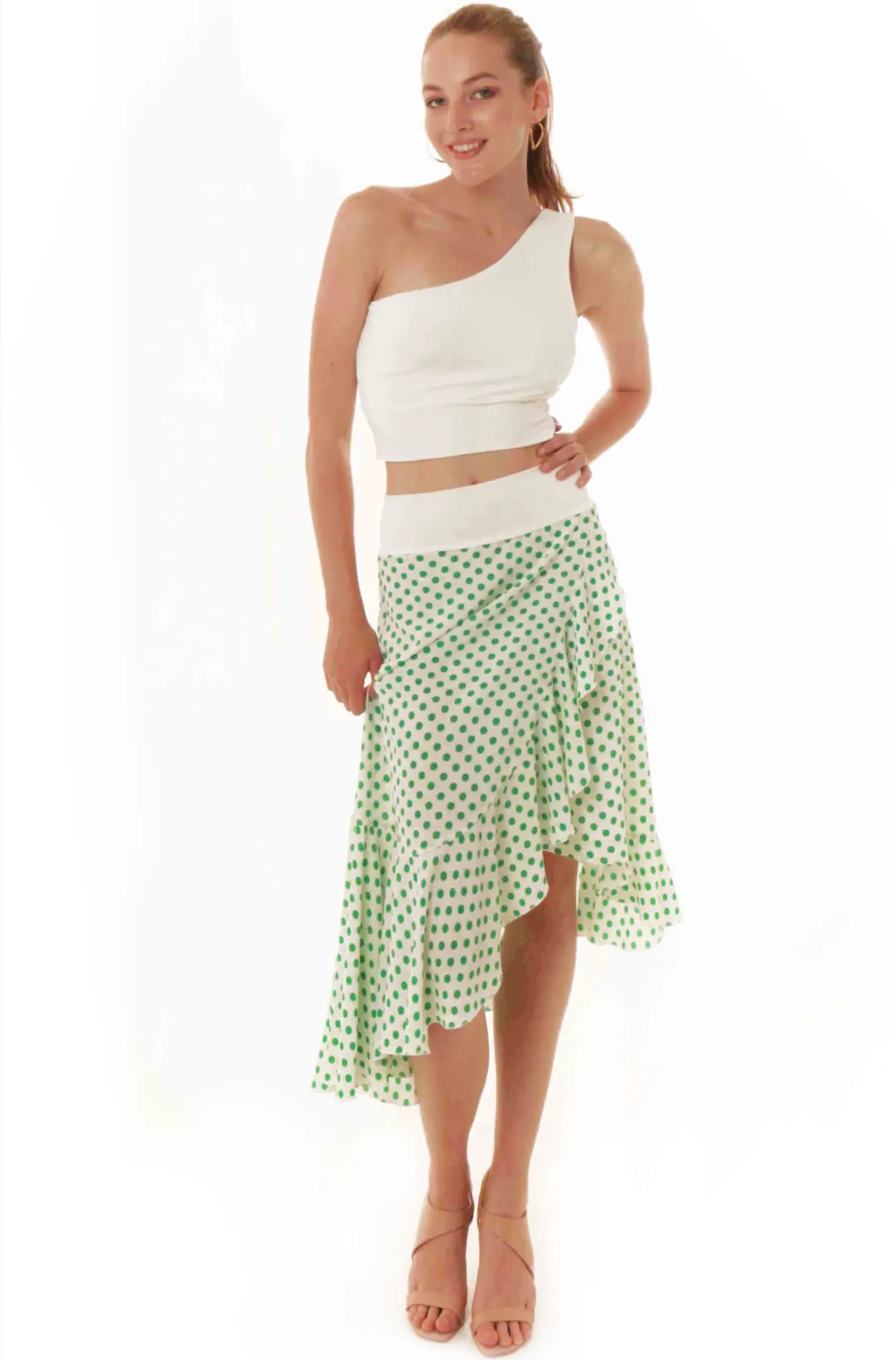 Asymmetric Ruffle Hem Polka Dot Wrap Skirt