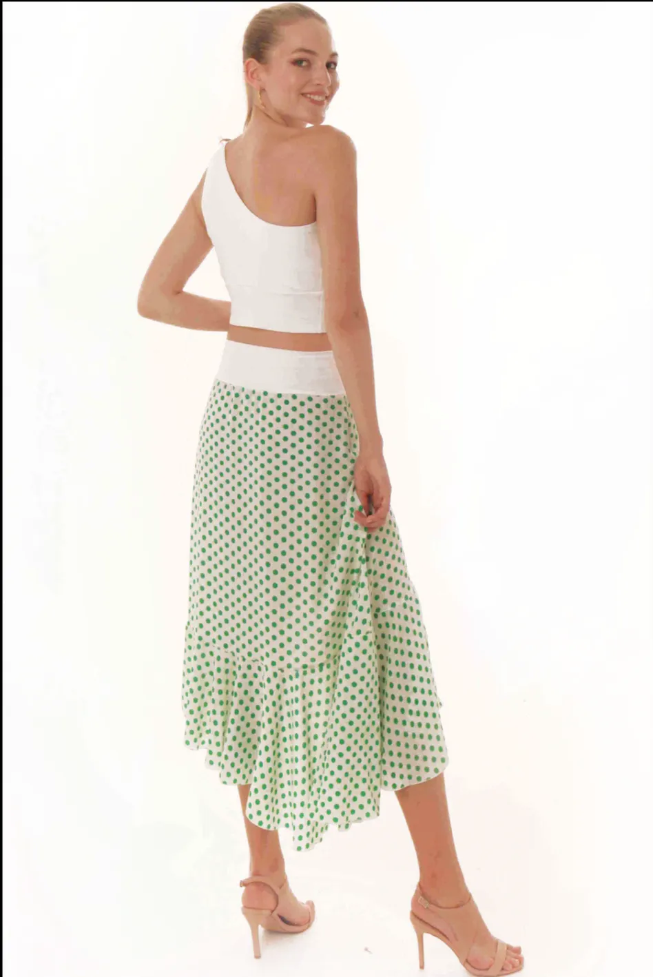 Asymmetric Ruffle Hem Polka Dot Wrap Skirt