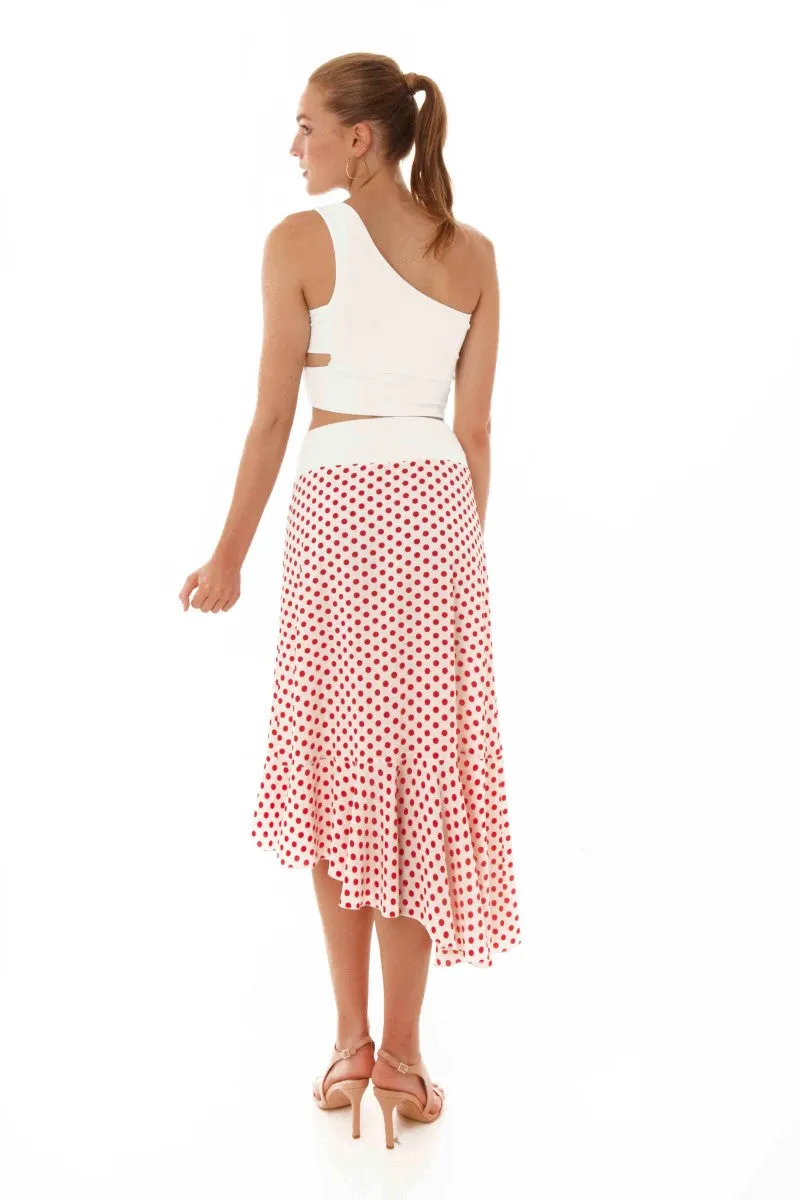 Asymmetric Ruffle Hem Polka Dot Wrap Skirt