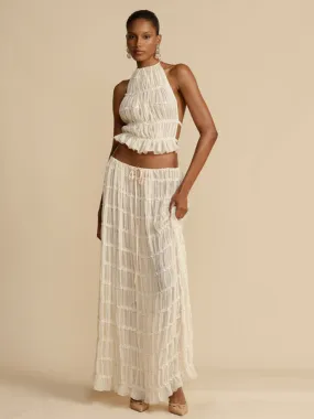 Backless lace-up halter top set and two-piece chiffon pleated long skirt with earrings