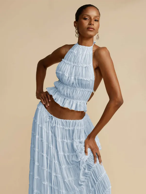 Backless lace-up halter top set and two-piece chiffon pleated long skirt with earrings