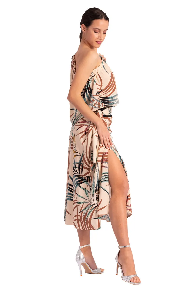 Beige One Shoulder Tropical Print Loose Top