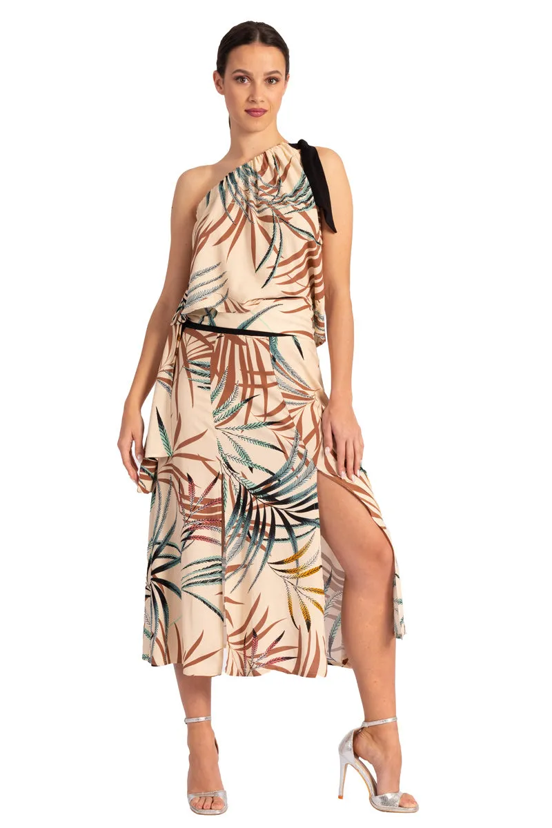 Beige One Shoulder Tropical Print Loose Top