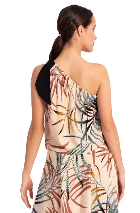 Beige One Shoulder Tropical Print Loose Top