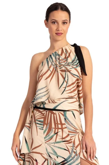 Beige One Shoulder Tropical Print Loose Top