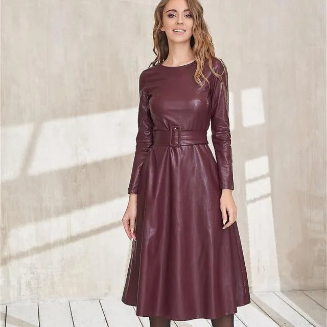 Belted Leather Dress For Women