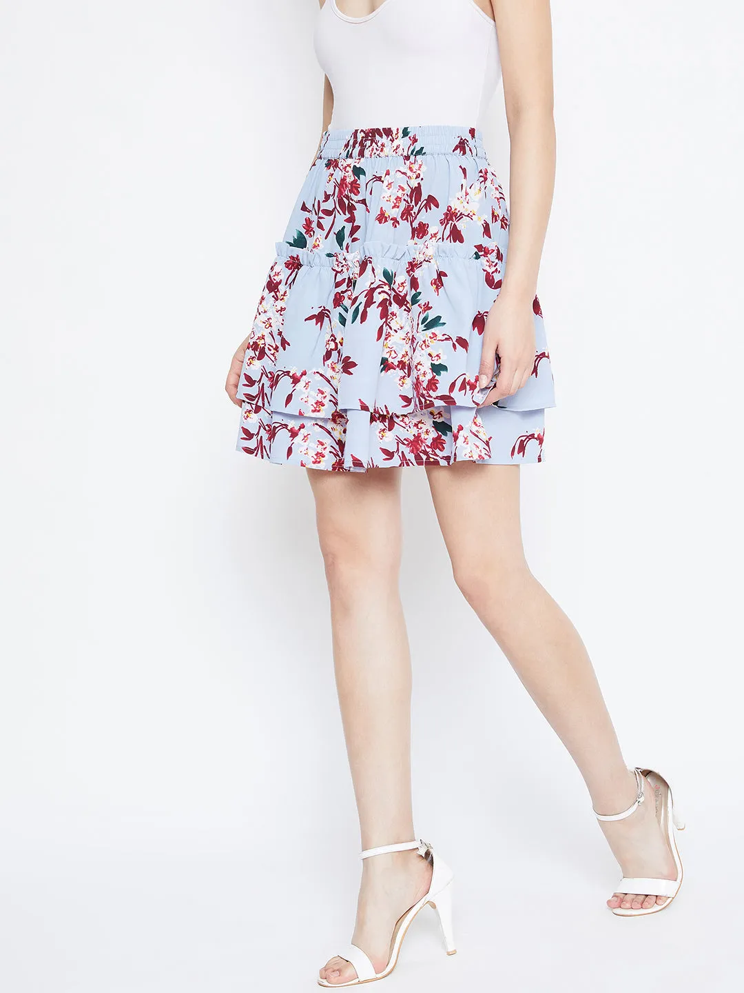 Berrylush Women Blue & Red Floral Print Layered Slip-On Mini Skirt