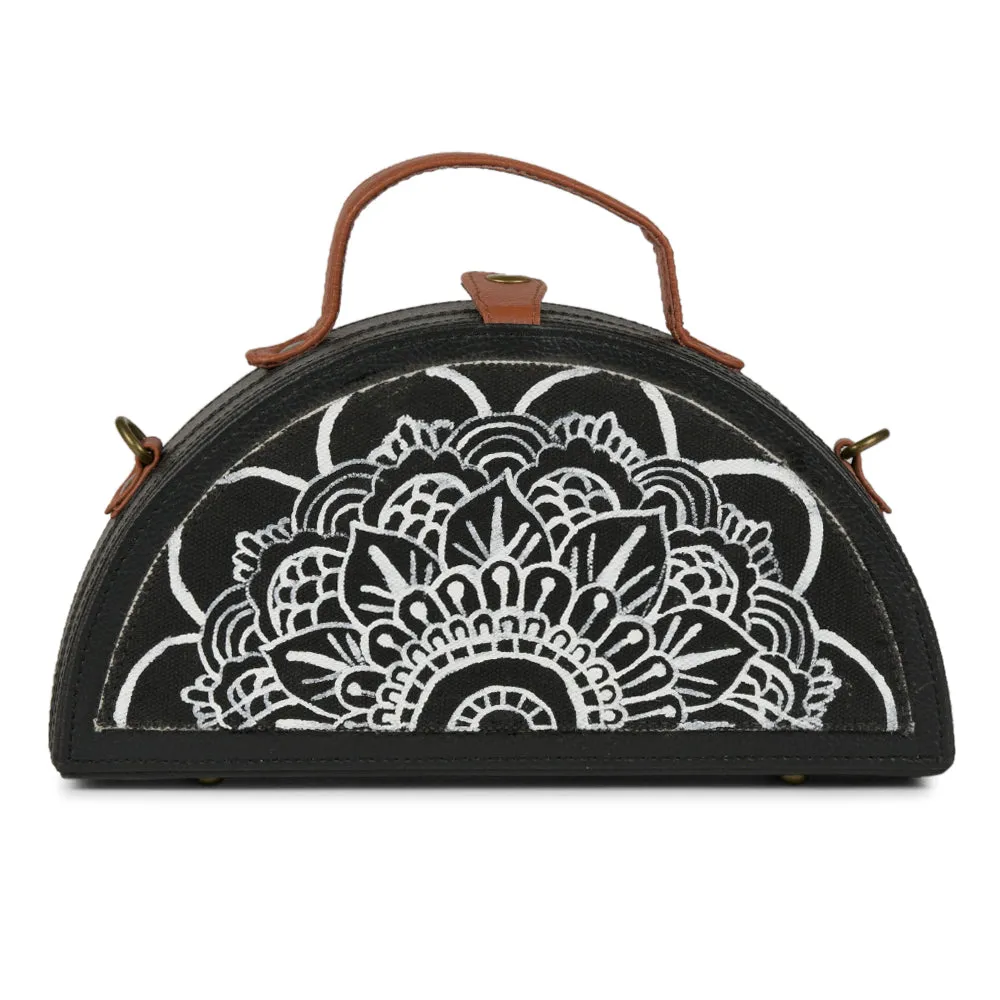 Black and White Mandala Hand-Painted Semi Circle Clutch Bag for women