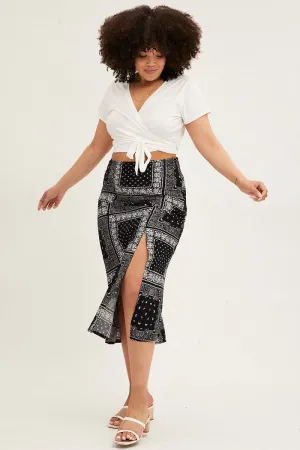 Black Boho Midi Skirt Bias Bandana Print Split