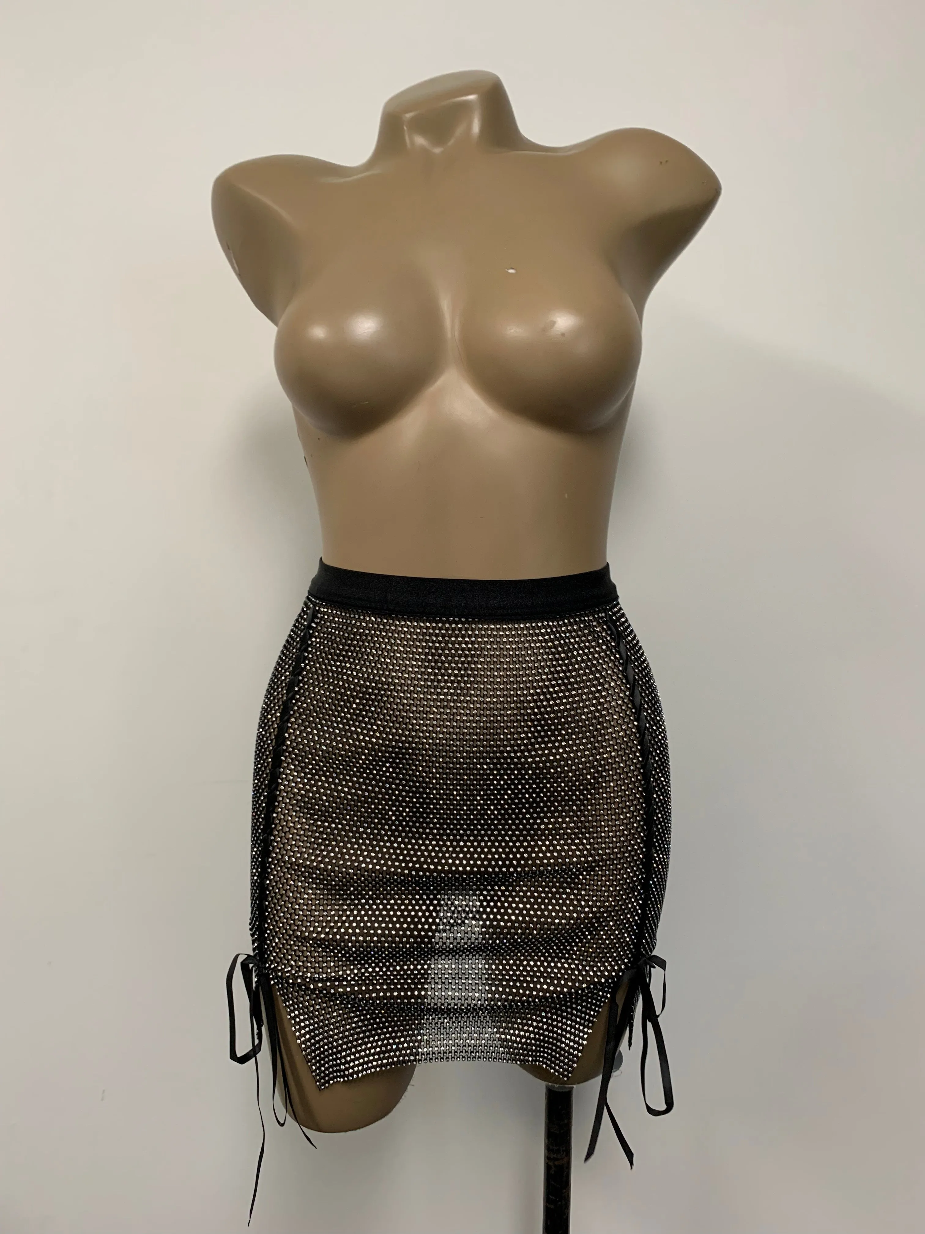 Black Lace-Up Crystal Mesh Mini Skirt