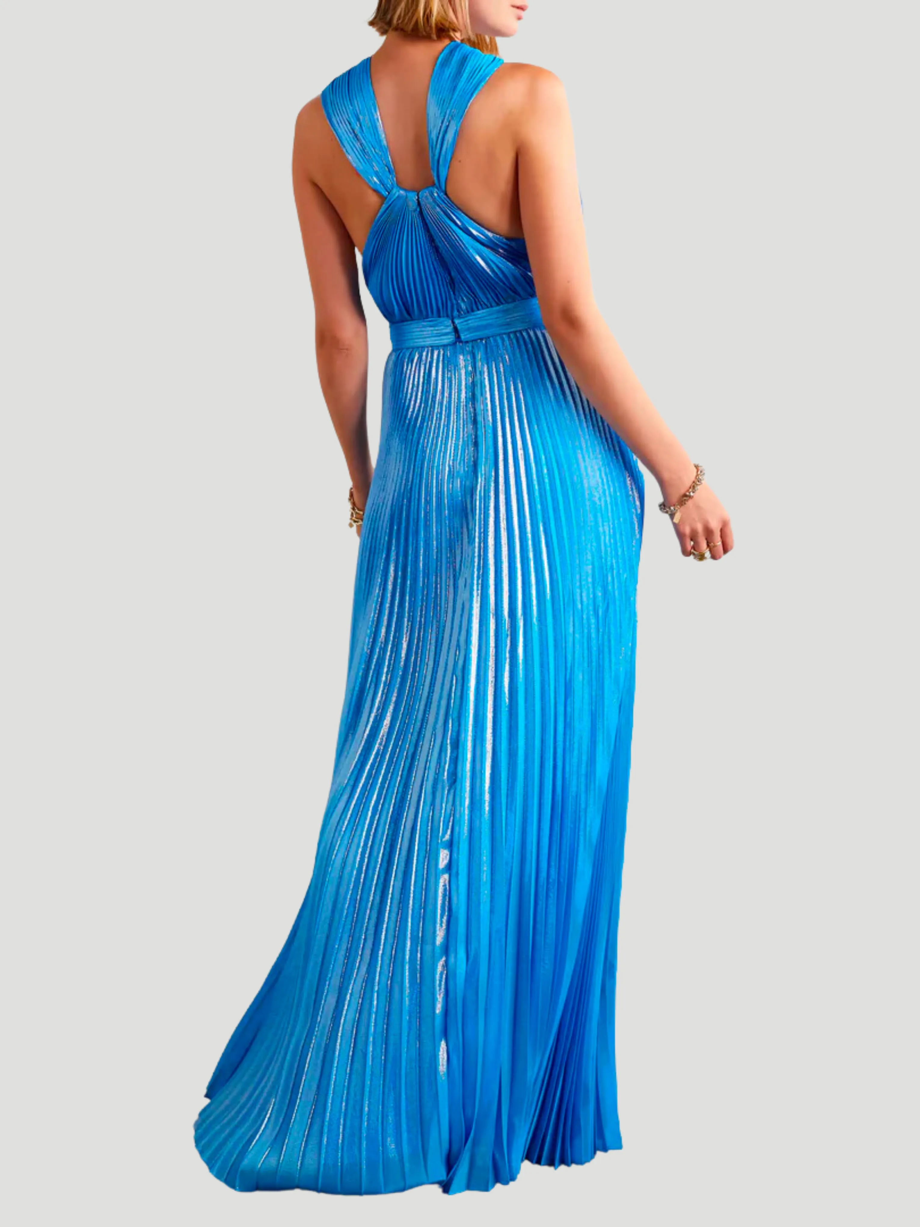 Blue Pleated Metallic Halter Midi Dress