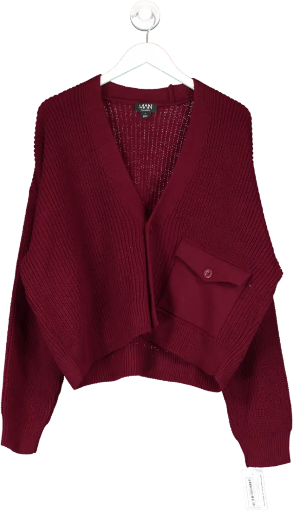 boohooMan Red Boxy Pleated Patch Pocket Cardigan UK S