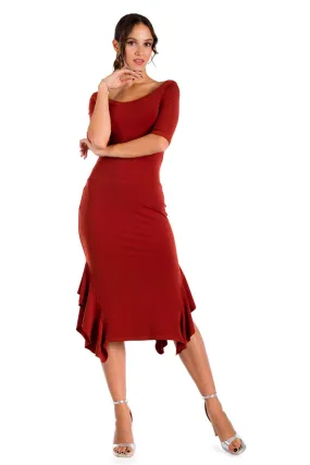 Brick Red Short Sleeve Bodycon Dress With Side Ruffles (L)