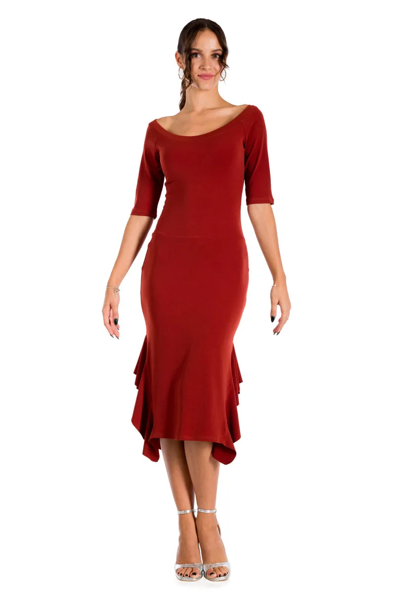 Brick Red Short Sleeve Bodycon Dress With Side Ruffles (L)