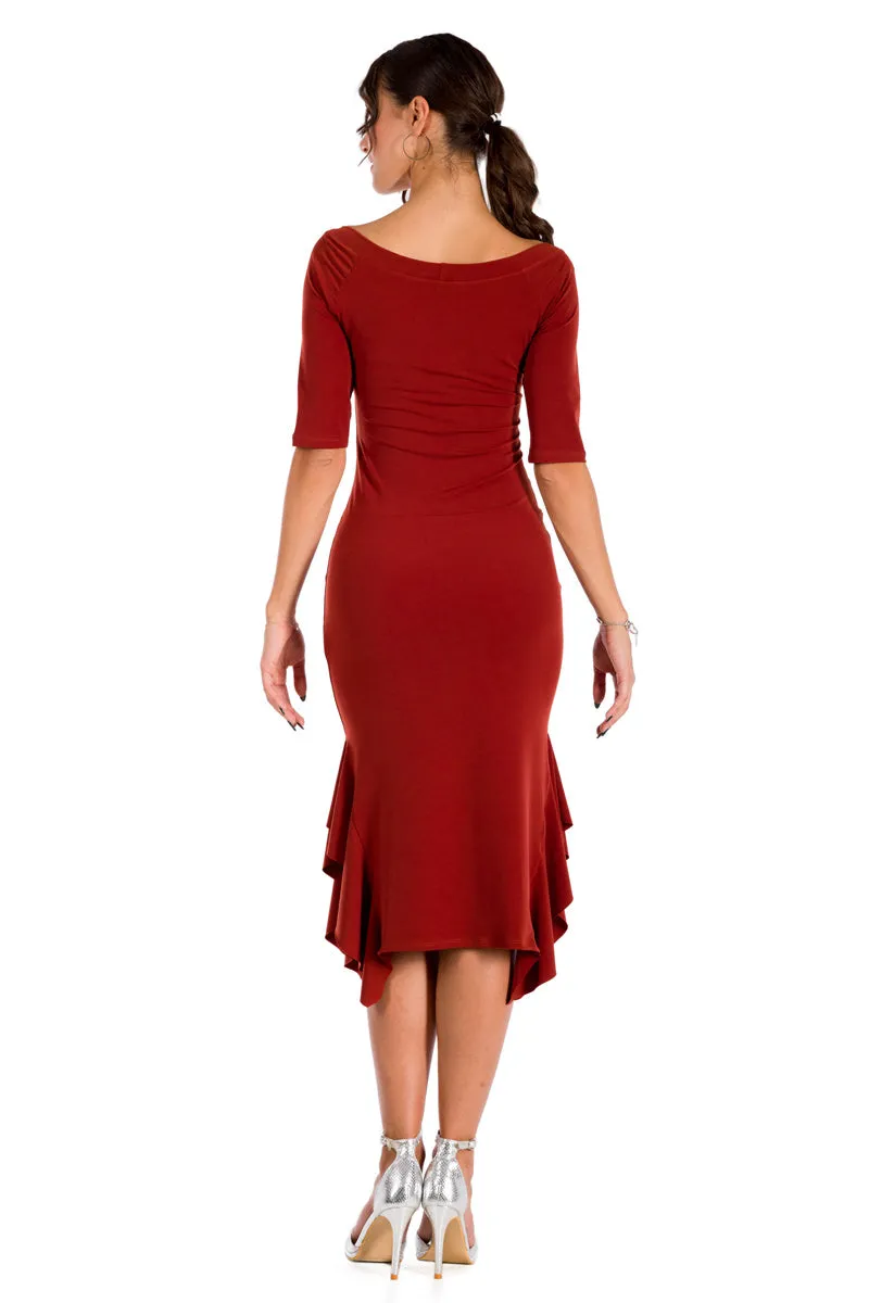 Brick Red Short Sleeve Bodycon Dress With Side Ruffles (L)