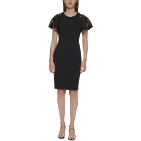 Calvin Klein Womens Sequined Flutter Sleeves Sheath Dress