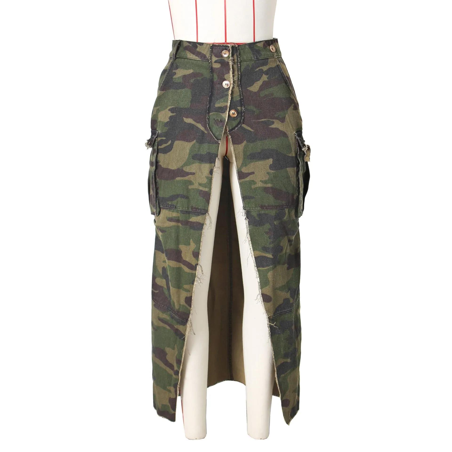 Camouflage Washed Pocket Split Skirt with Tassels