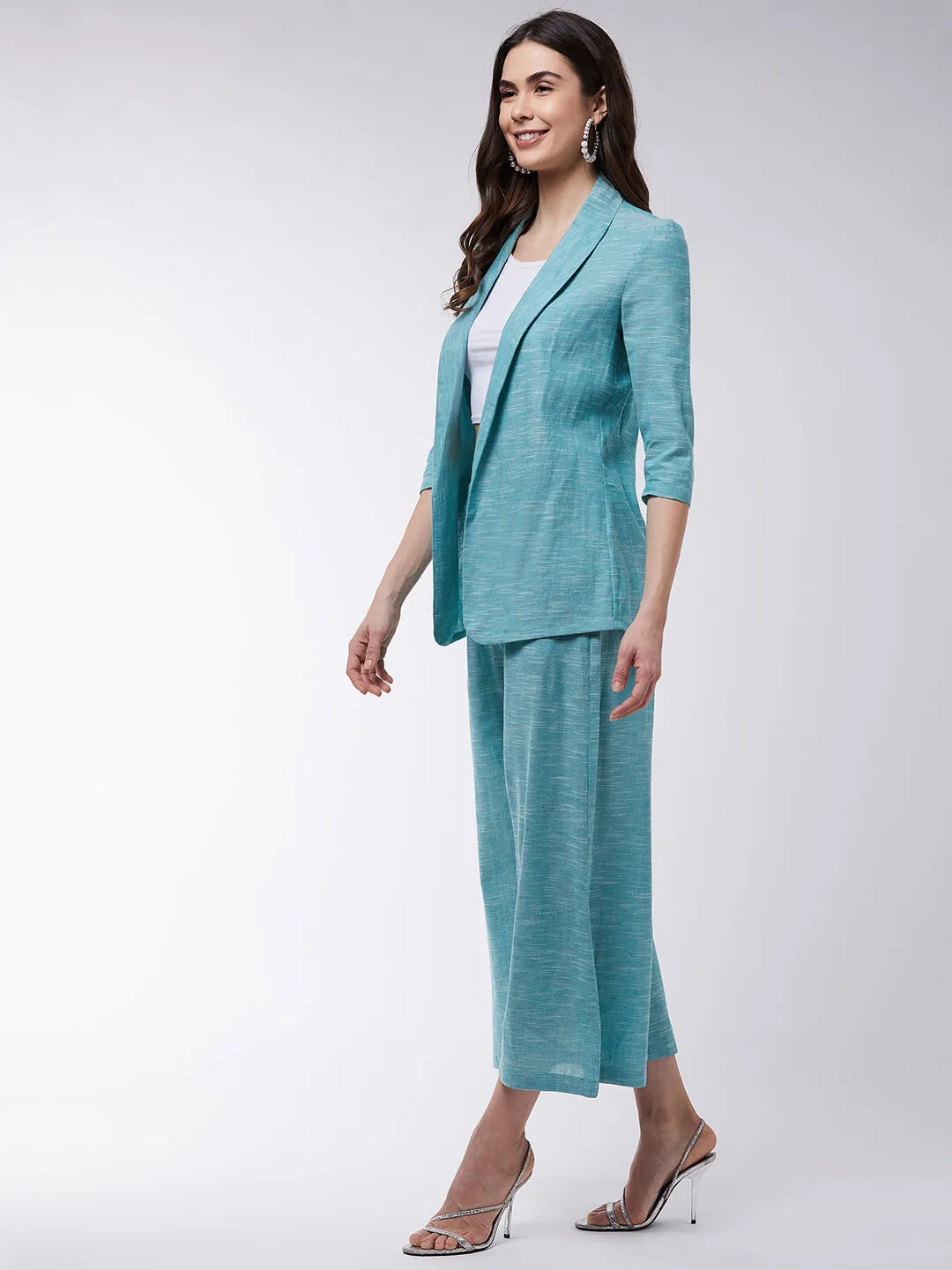 Chambray Long Blazer And Pant Set