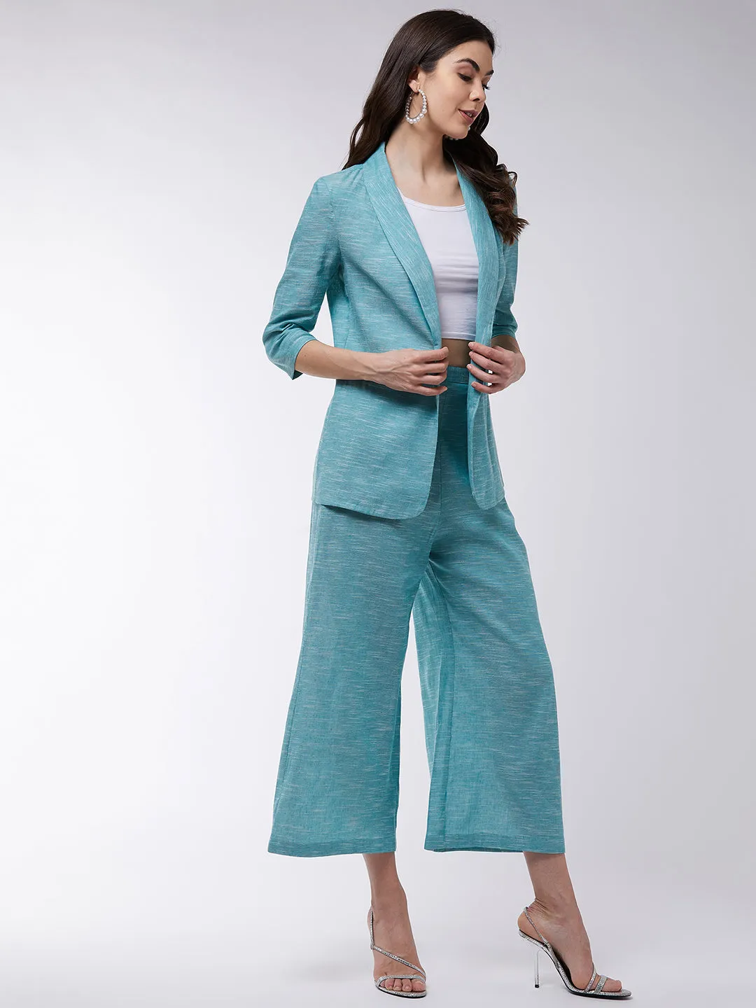 Chambray Long Blazer And Pant Set