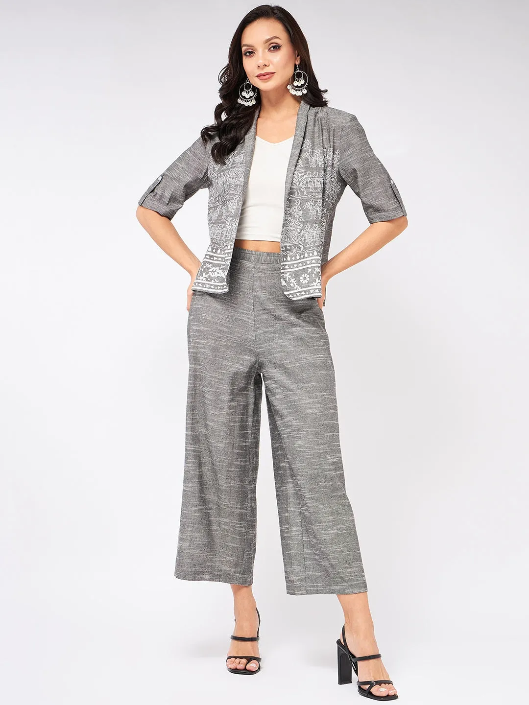 Chambray Printed Blazer With Matching Pant Set