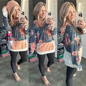 Color Block Long Sleeve Hoodie In Navy Florals