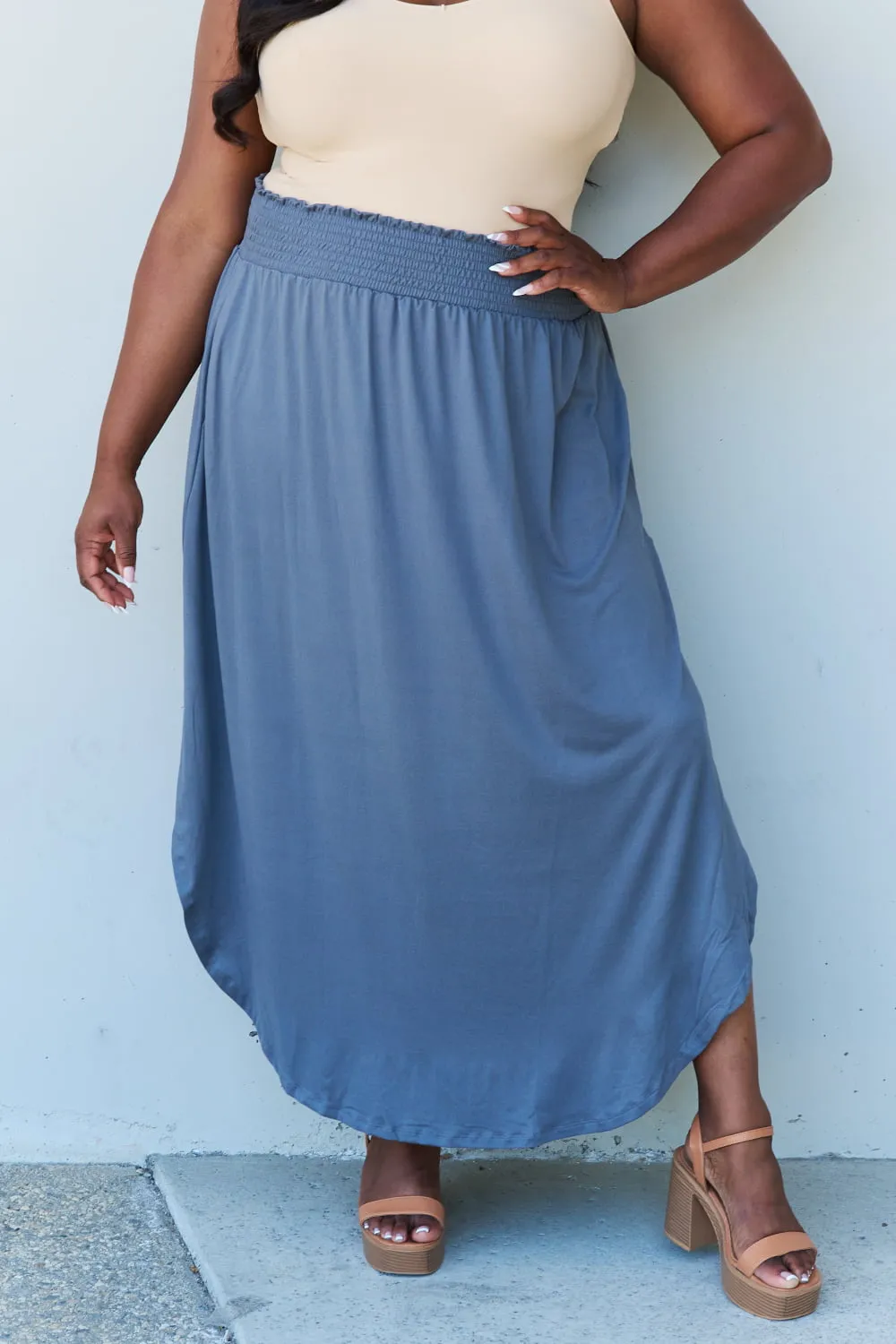 Comfort Princess Full Size High Waist Scoop Hem Maxi Skirt in Dusty Blue