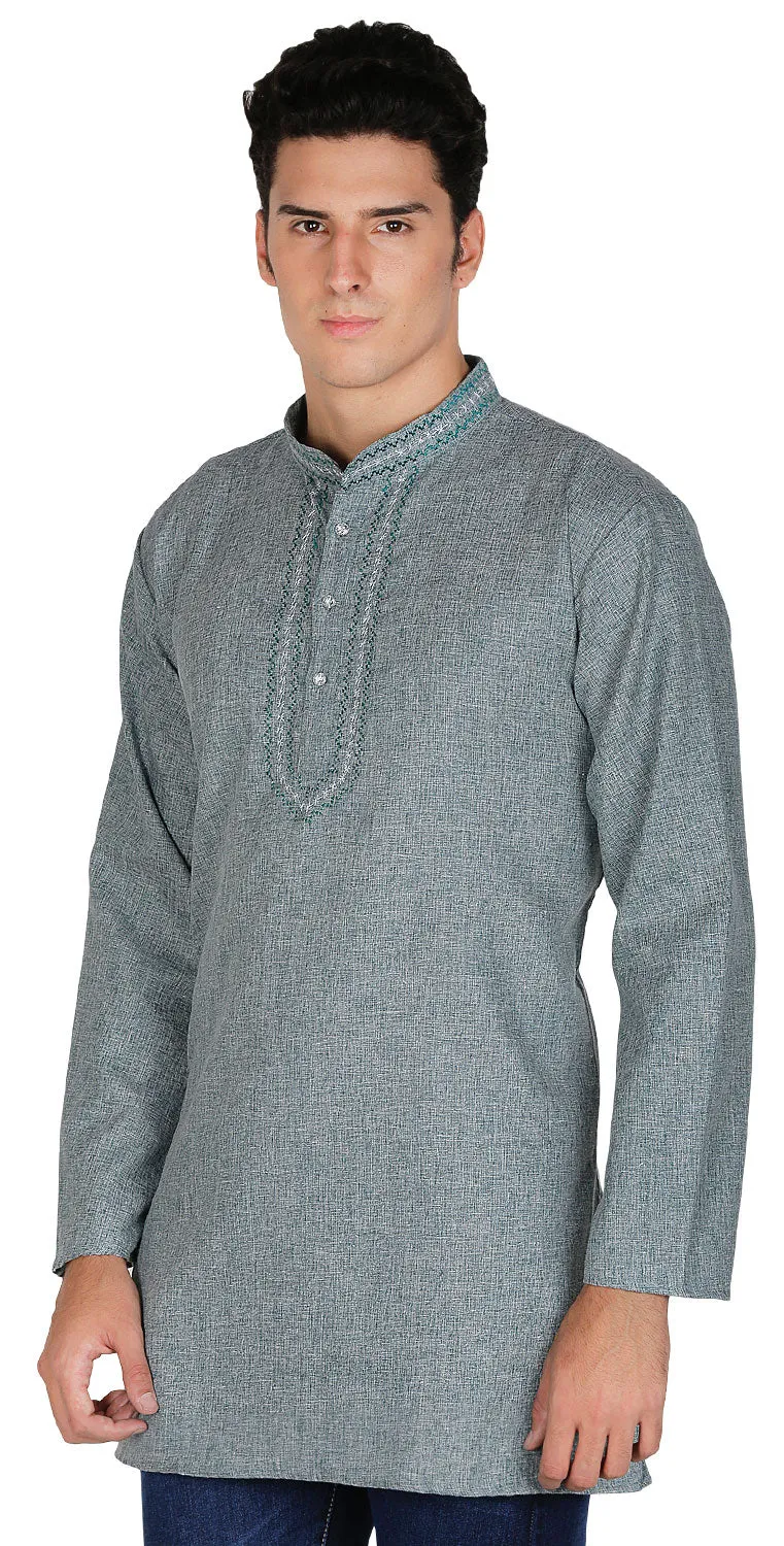 Cotton Dress Embroidered Mens Short Kurta India Fashion Clothing (Green)