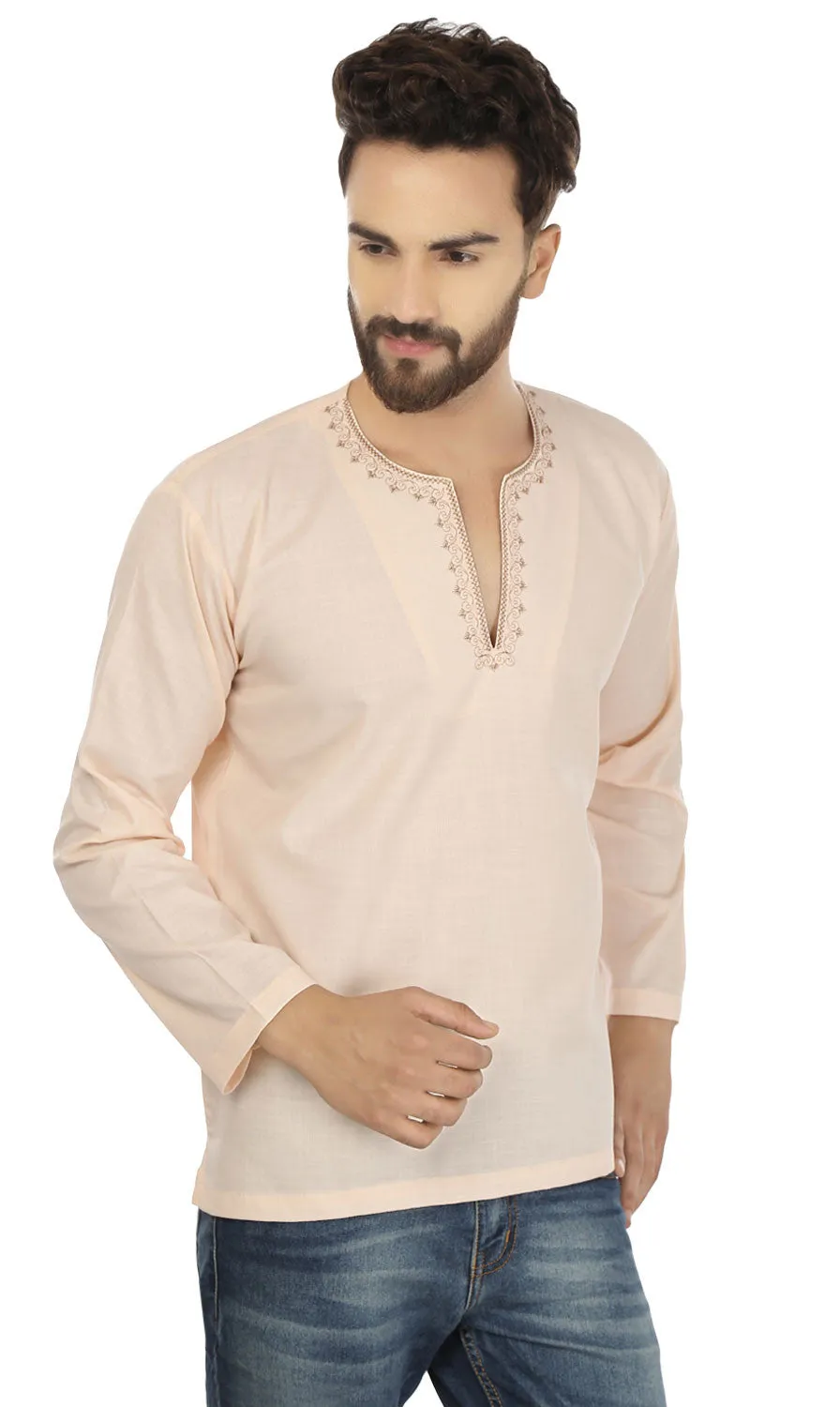 Cotton Dress Mens Short Kurta Shirt India Clothing (Beige)