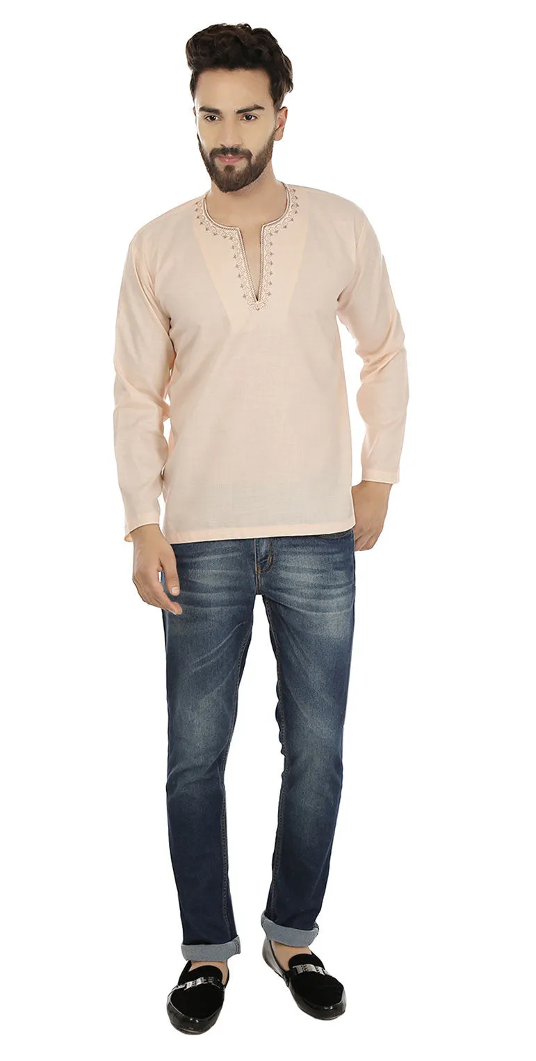 Cotton Dress Mens Short Kurta Shirt India Clothing (Beige)