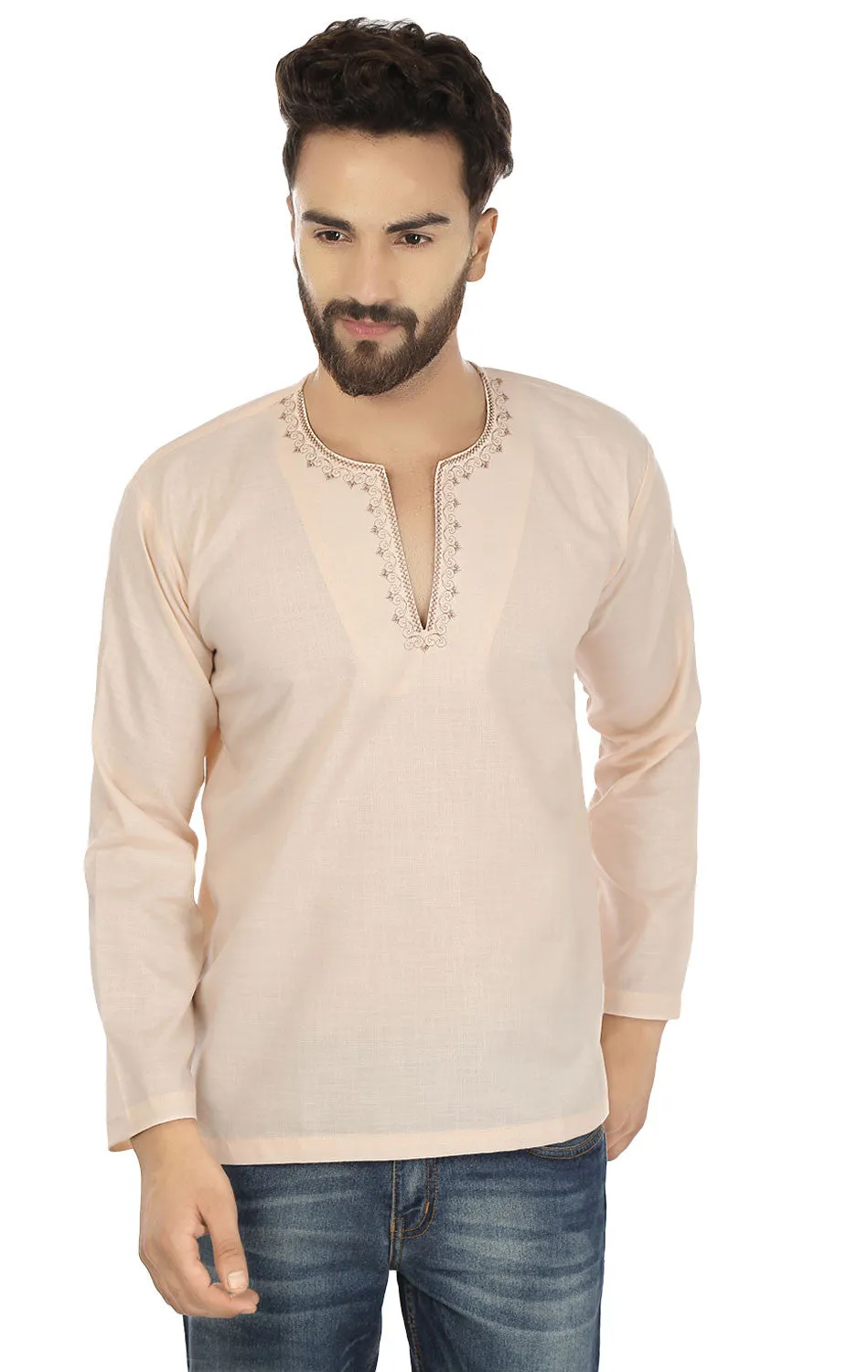 Cotton Dress Mens Short Kurta Shirt India Clothing (Beige)