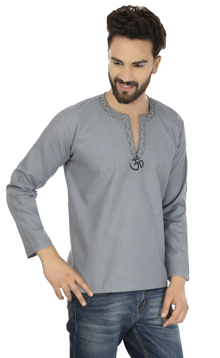 Cotton Dress Mens Short Kurta Shirt India Clothing (Grey)