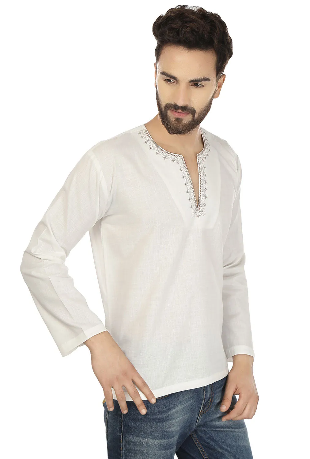 Cotton Dress Mens Short Kurta Shirt India Clothing (Off-White)