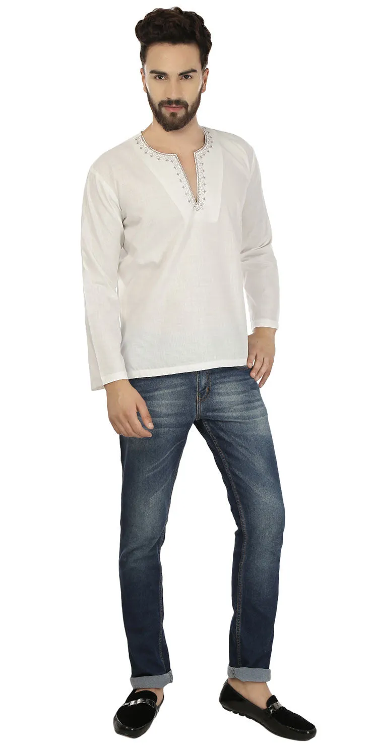 Cotton Dress Mens Short Kurta Shirt India Clothing (Off-White)