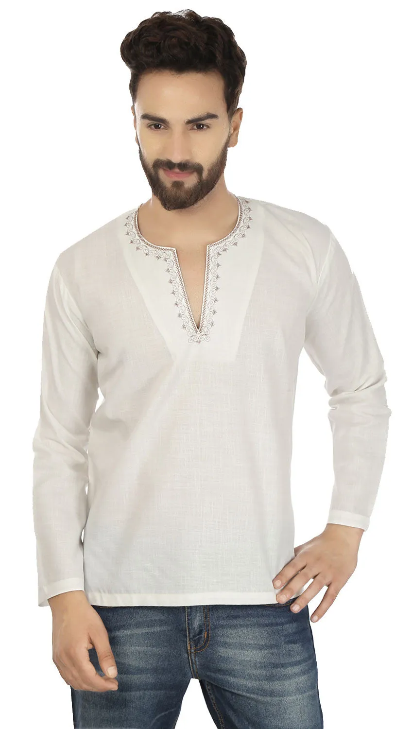 Cotton Dress Mens Short Kurta Shirt India Clothing (Off-White)