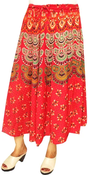 Cotton Printed Long Skirt Womens Indian Clothing (Red)