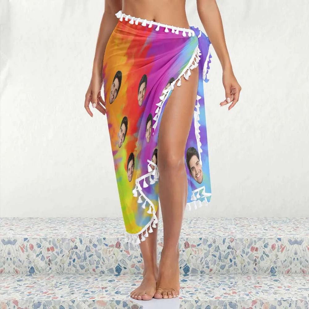 Custom Face Rainbow Beach Wraps Chiffon Sarong Bikini Swimsuit Cover Ups Skirt Tassels